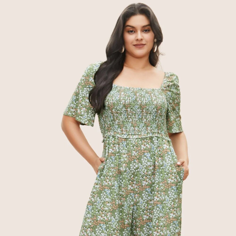 Ditsy Floral Shirred Patchwork Pocket Jumpsuit